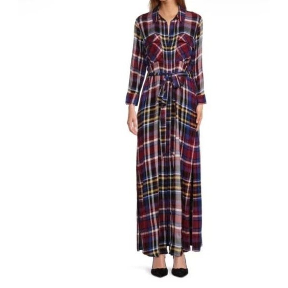 L'AGENCE Cameron Maxi Plaid Shirt Dress Sz S Viscose Side Slits Pockets Belt